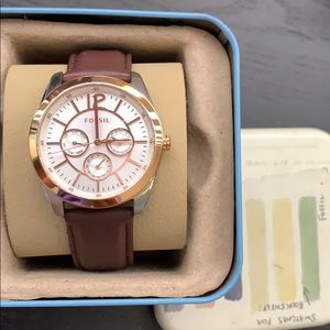 Silver Fossil Watch with brown watch strap